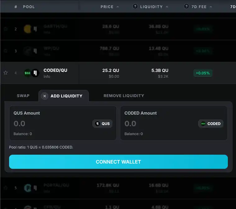 QubicSwap liquidity pool add liquidity screen preview