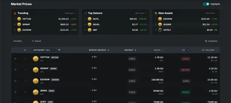 QubicSwap Qubic token markets screen preview